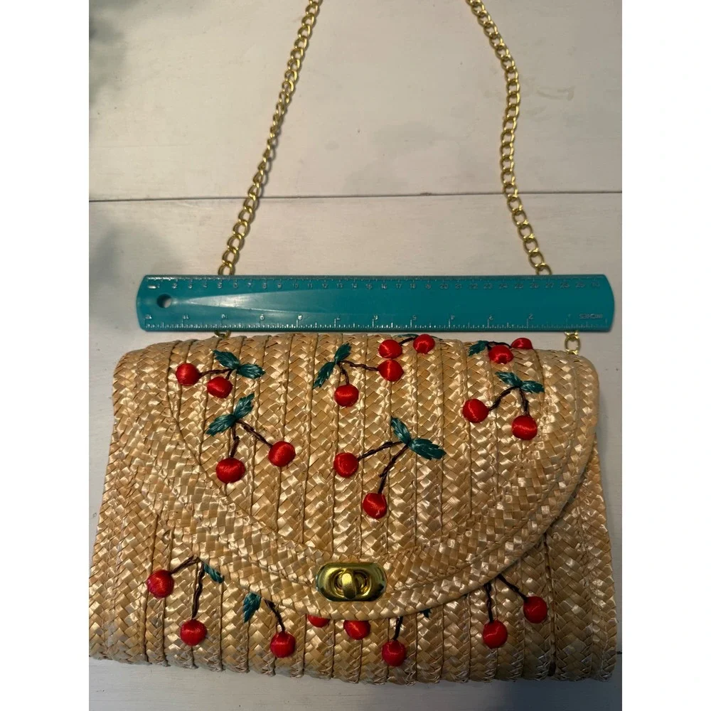 Straw Cherry Embroidered Crossbody Bag Gold Tan Red whimsi dainty cottage resort